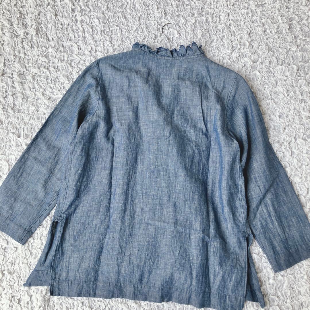 最終価格45R コットンリネンのカシュクールブラウス（ダンガリー）フリル