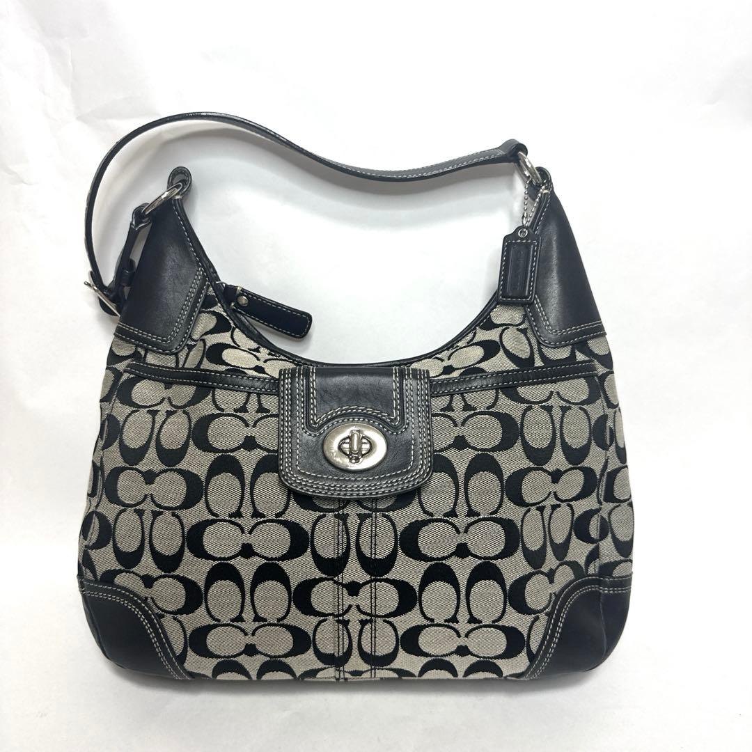 【美品】COACH シグネチャー ターンロック ホーボー ワンショルダーバッグ