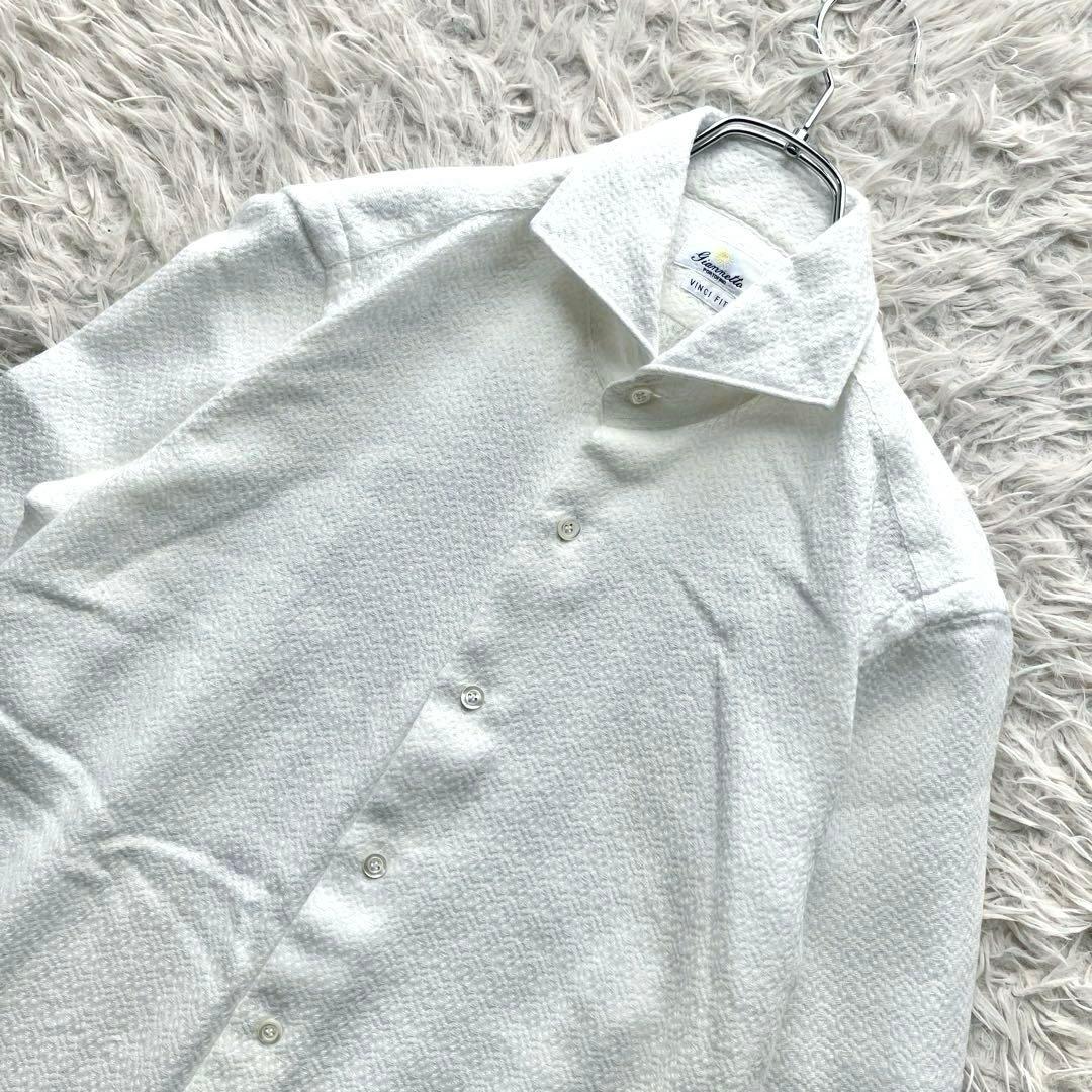 【極美品 洗える ジャガード織】ジャンネット　シャツ　ホリゾンタルカラー　白　M