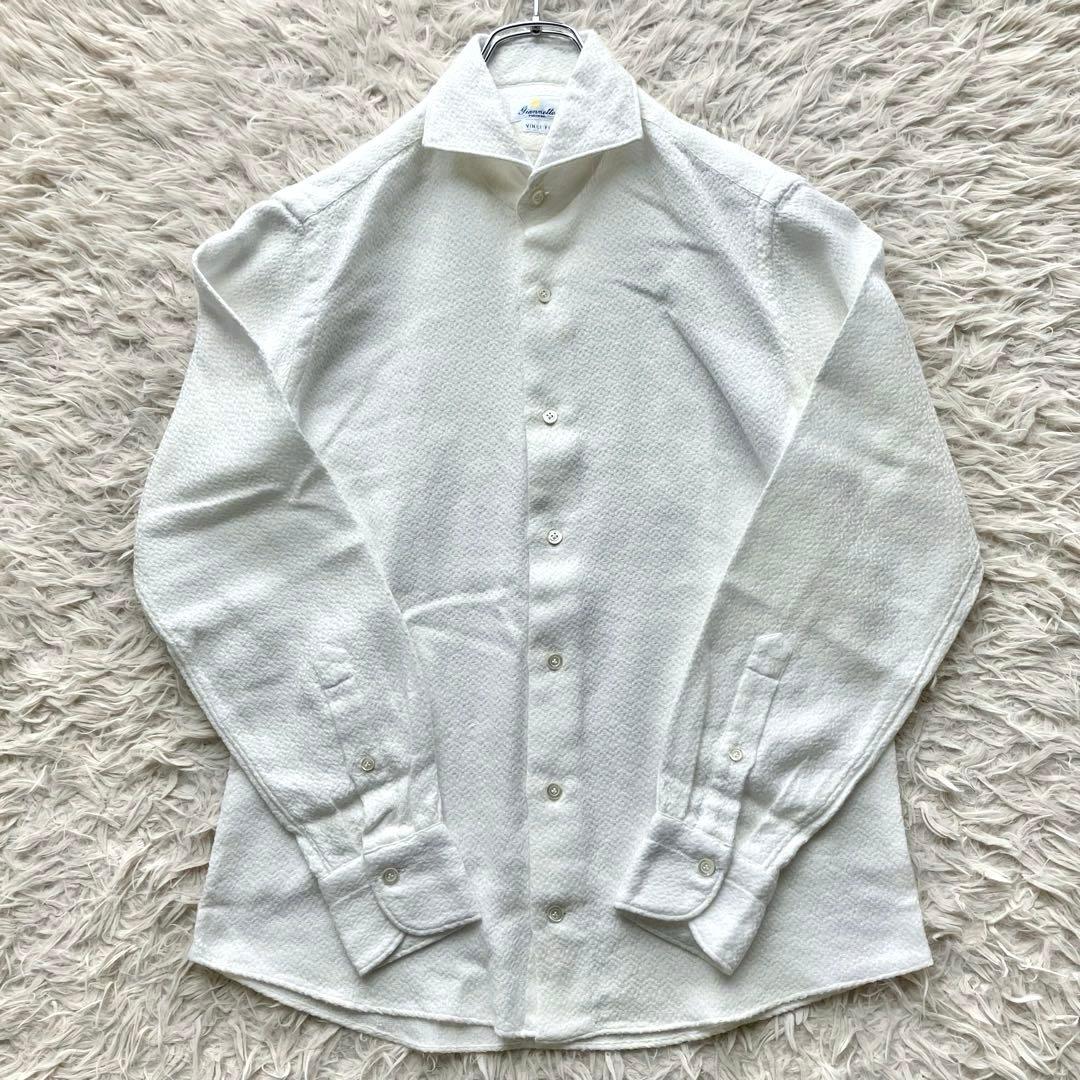 【極美品 洗える ジャガード織】ジャンネット　シャツ　ホリゾンタルカラー　白　M