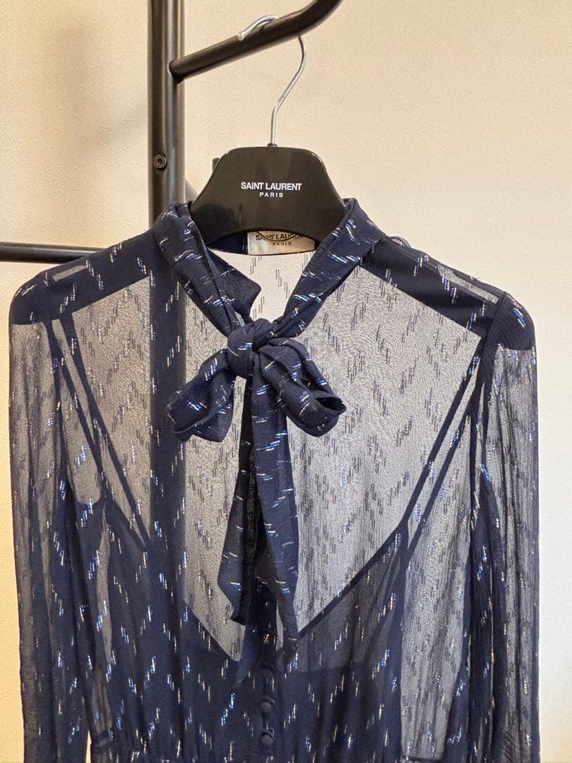 〈底値〉【SAINT LAURENT】ネイビー シースルーロングドレス