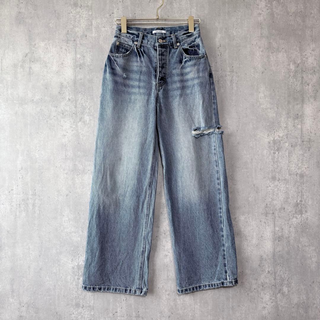 SENEE セニー ワイドデニムパンツ ダメージ ユーズド加工 サイズ S