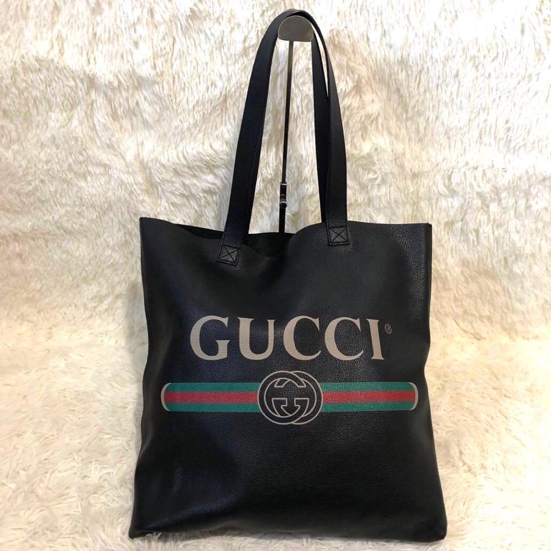 未使用級✨グッチ　レザー トートバッグ　ロゴ シェリーライン　ブラック メンズ