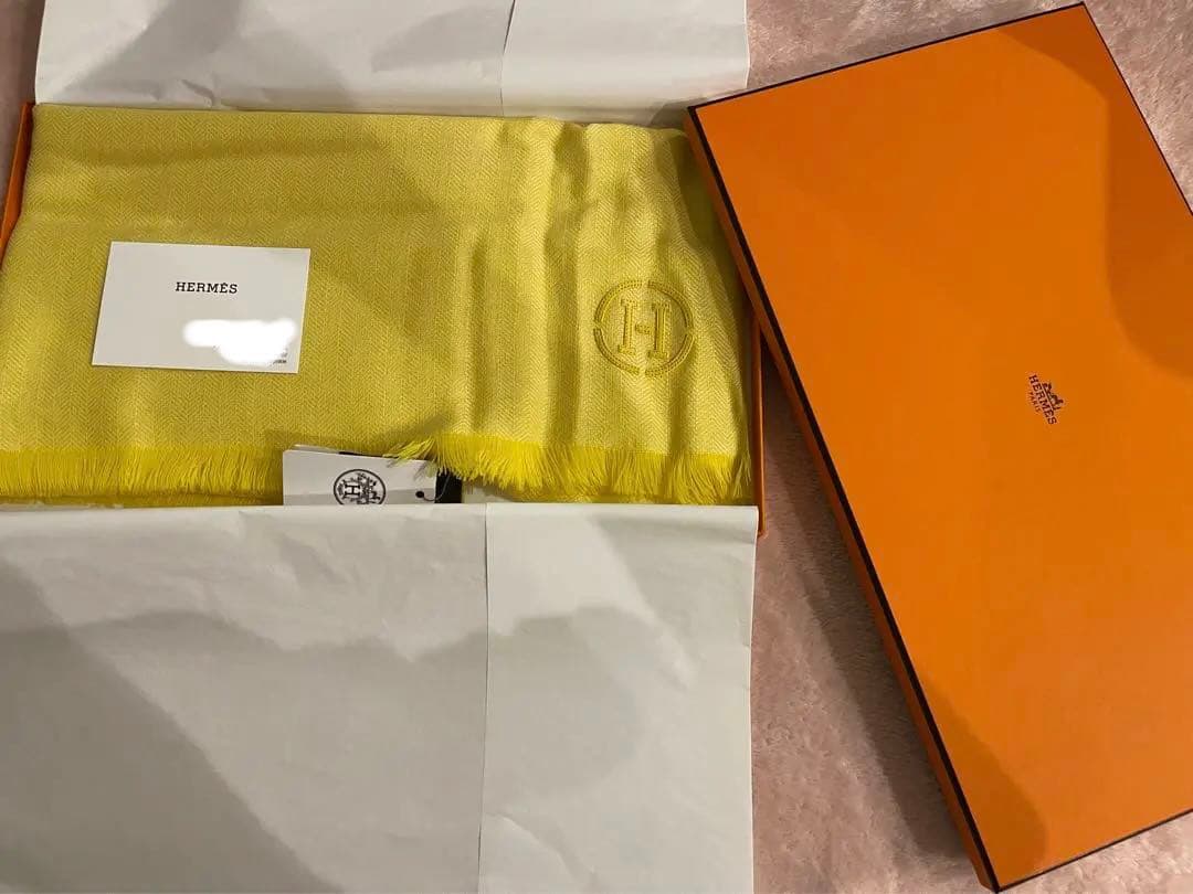 新品　エルメス　ストール　カシミヤ　イエロー　レザー刺繍　マフラー　スカーフ