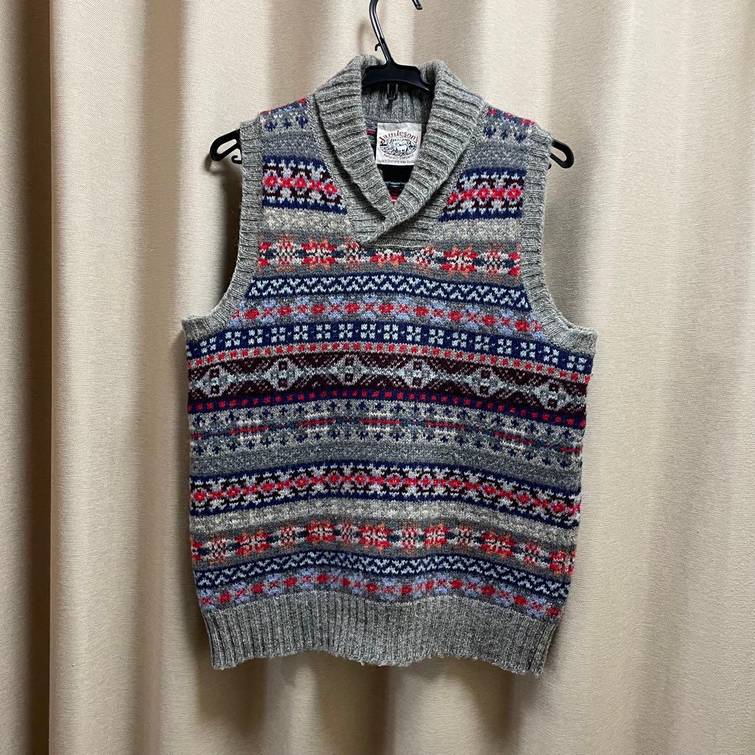 ジャミーソンズ　シェトランドウール ニットベスト　ショールカラー　メンズM位