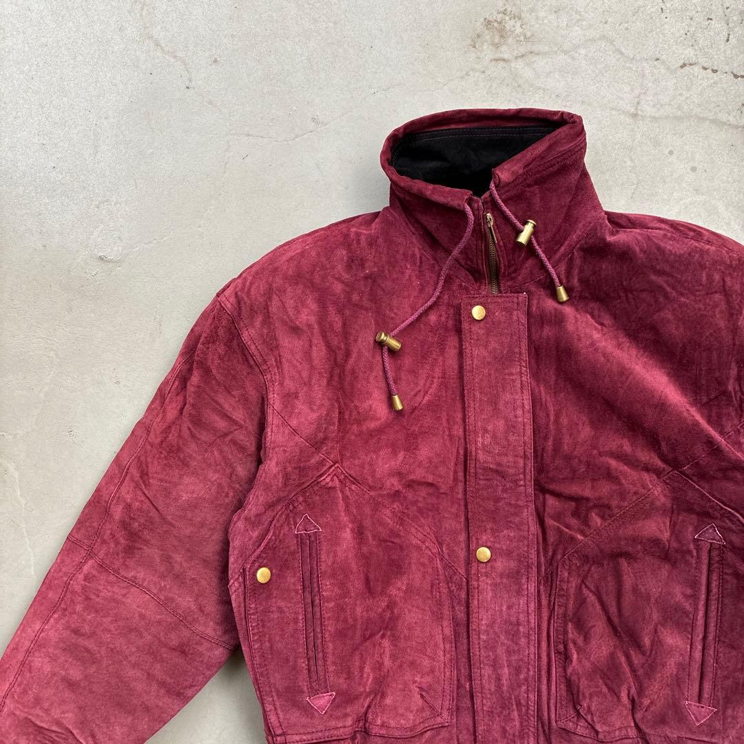 本革レザージャケット　えんじ色赤レッド　ヴィンテージ90sブルゾン短丈ハイネック