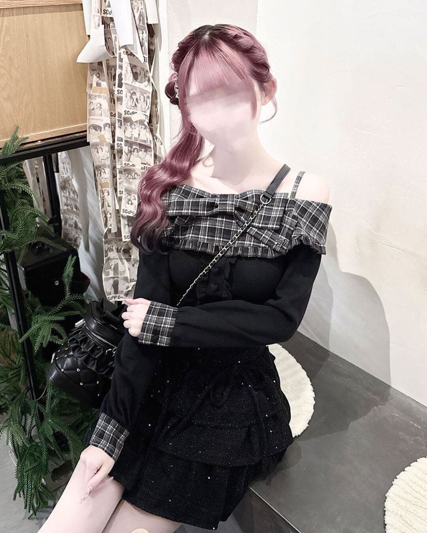 ハニーミュウ チェックビッグリボンオフショルトップス XS