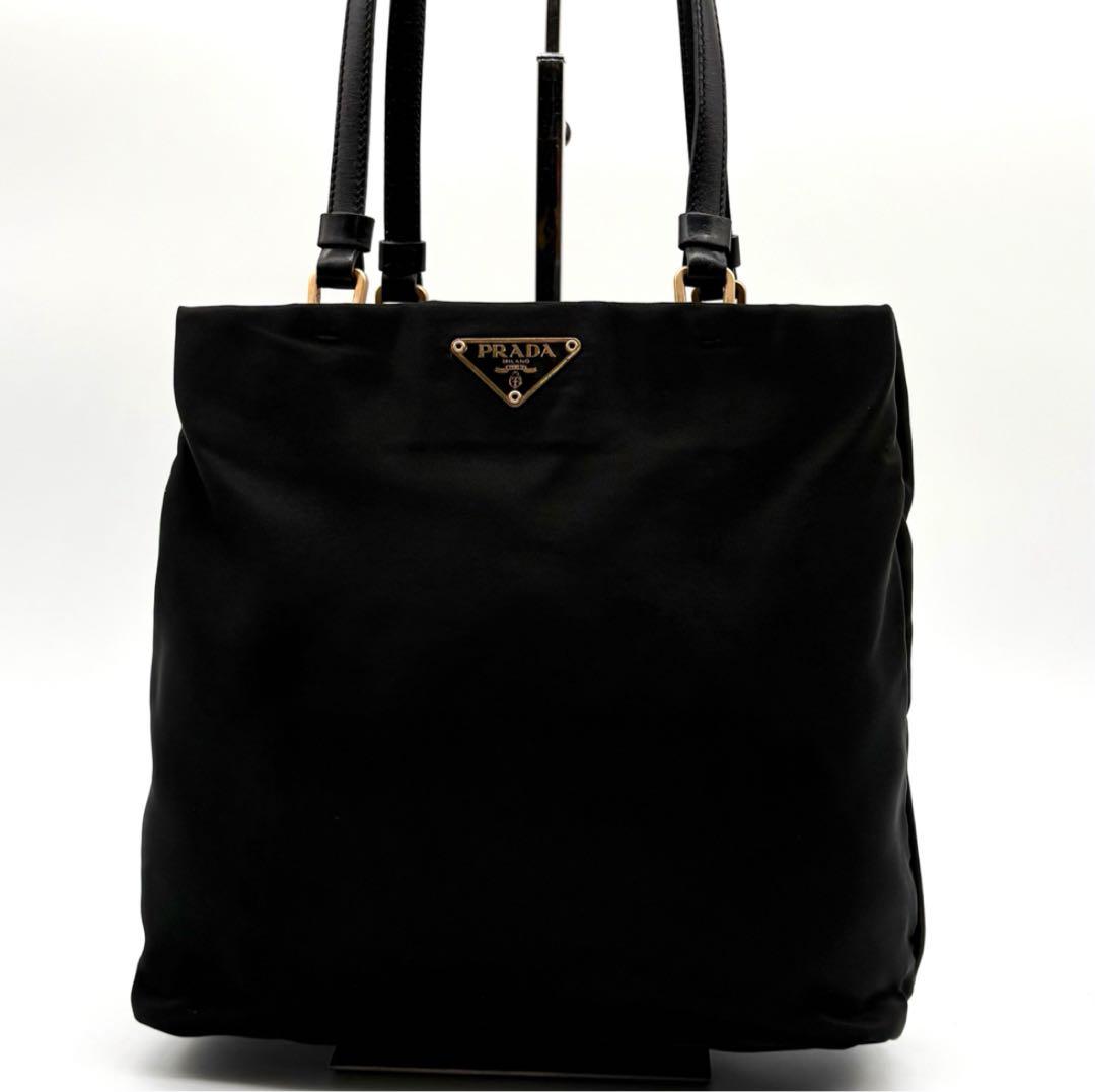 極美品✨プラダ トートバッグ ナイロン レザー 三角ロゴ ゴールド金具 ブラック