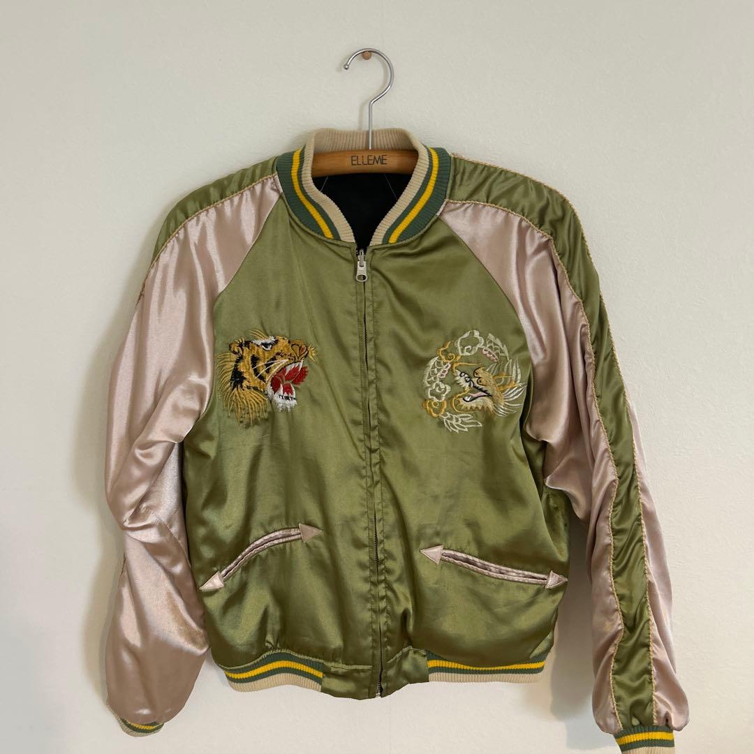 90s 回転式ジップ ビンテージスカジャン 白虎×龍×日本地図　テーラー東洋