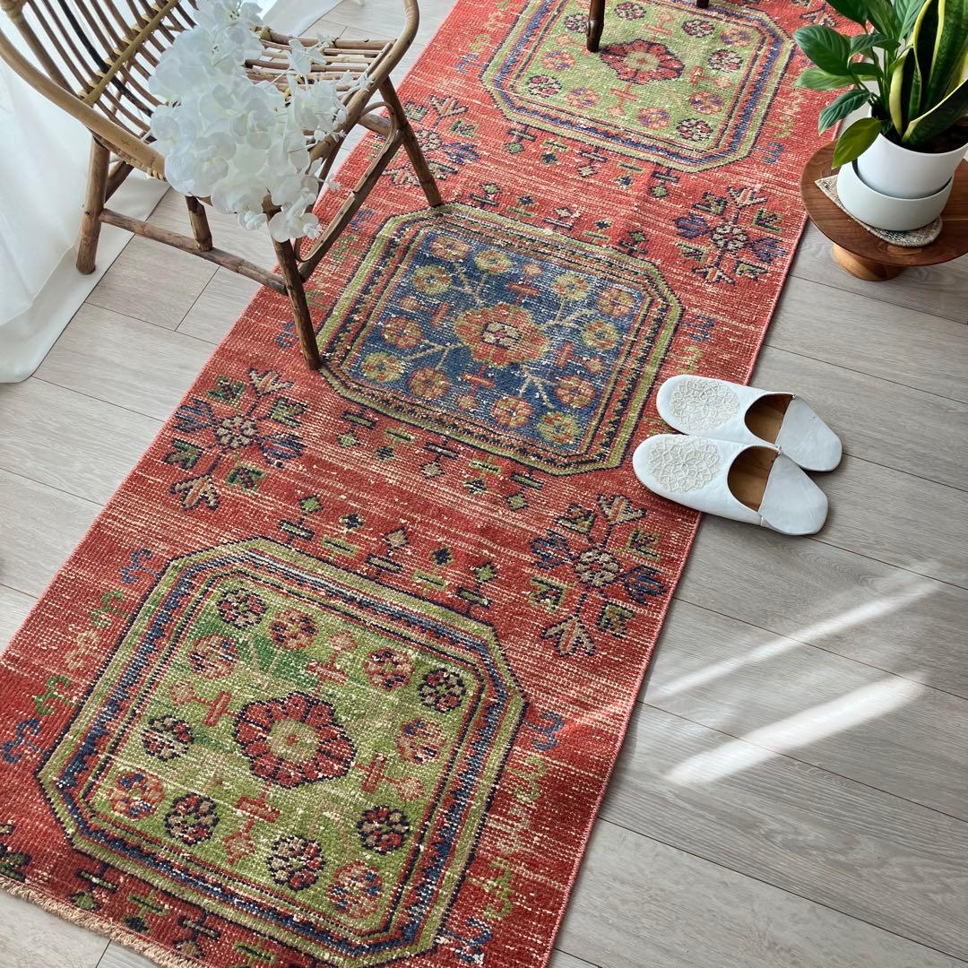 オレンジ3Box ブルー73×184 グリーン　魔除けD トルコヴィンテージラグ