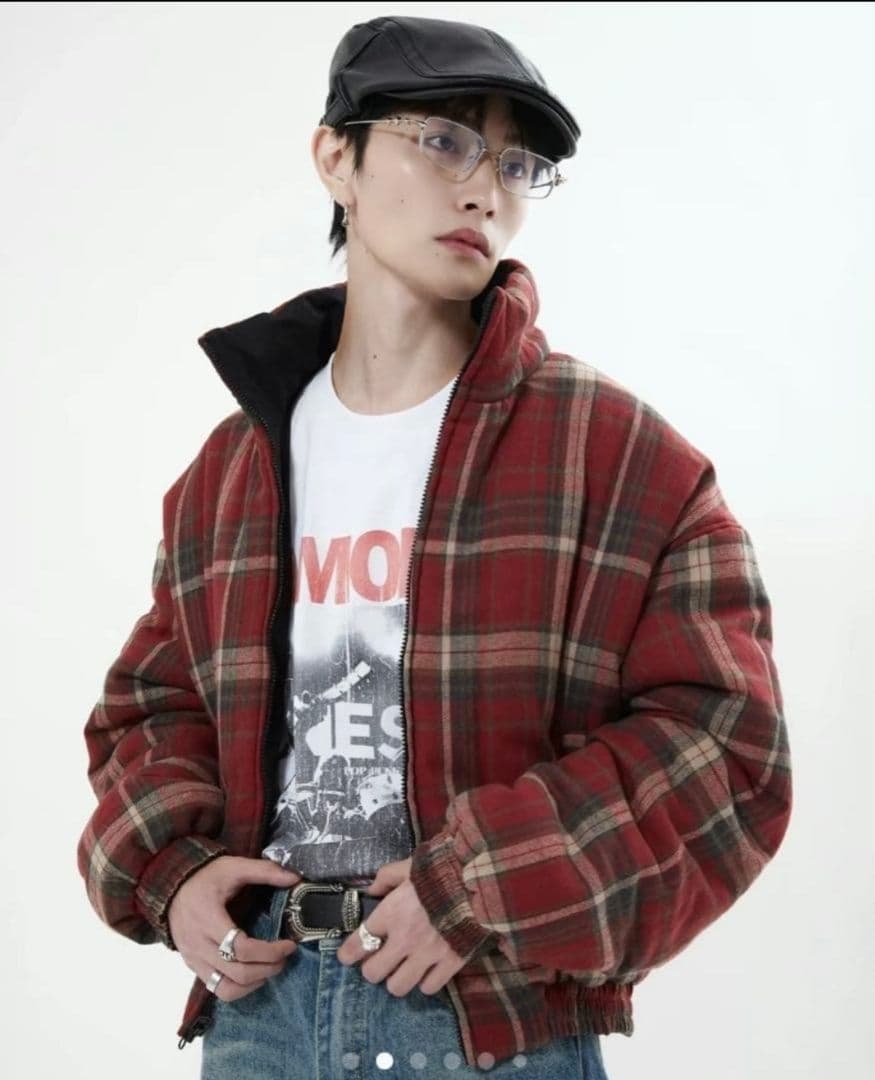 リバーシブル赤黒チェックダウンジャケット 地底人