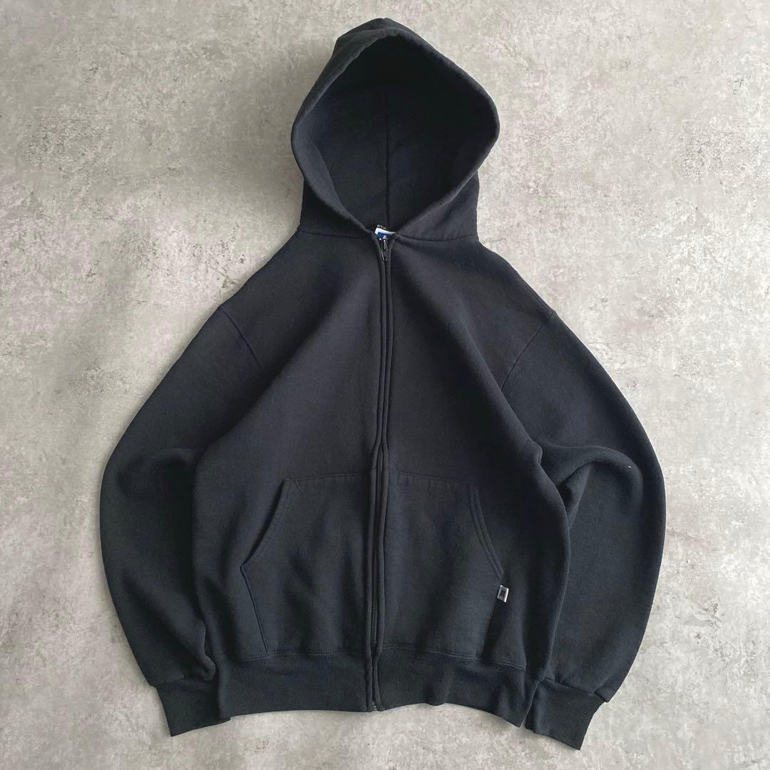 希少サイズ 90s ラッセル 無地 ジップ パーカー 黒 ブラック USA製 M