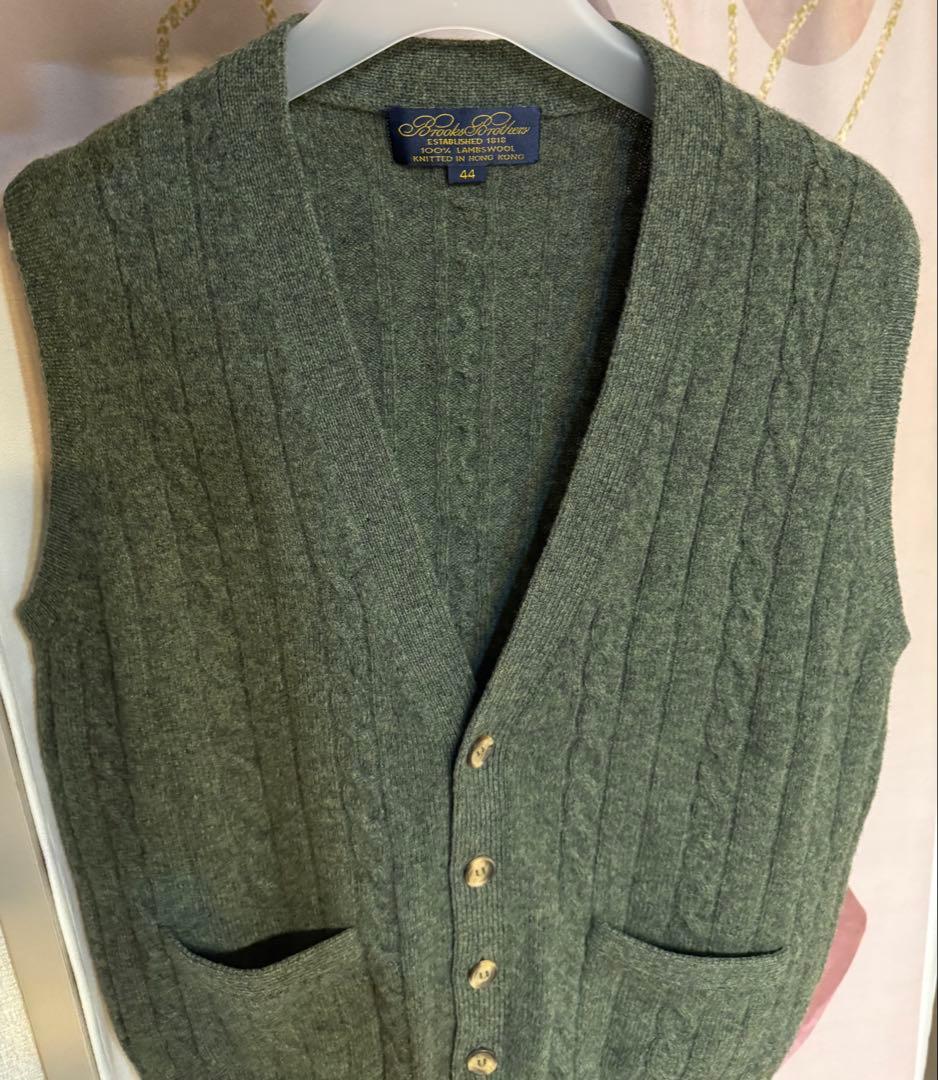ブルックスブラザーズ ラムウール ケーブルニット カーディガンベスト グリーン