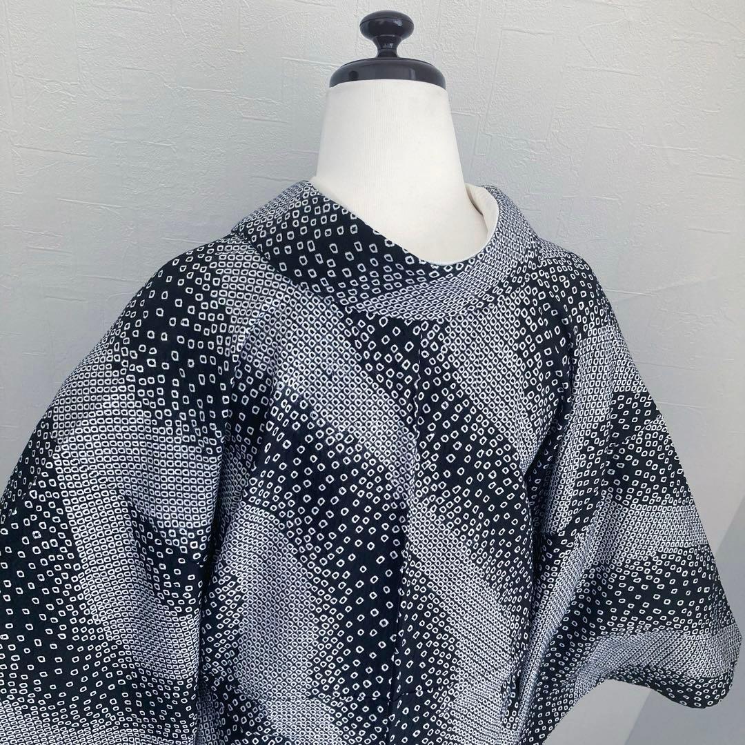 ひまわり 有松鳴海絞り　浴衣　白黒　絞りの曲線　手縫い　No.22-19