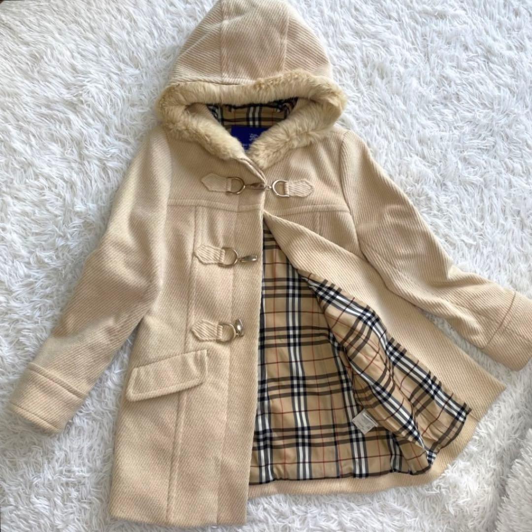 極美品　バーバリーブルーレーベル　ダッフルコート　ノバチェック　ラビットファー