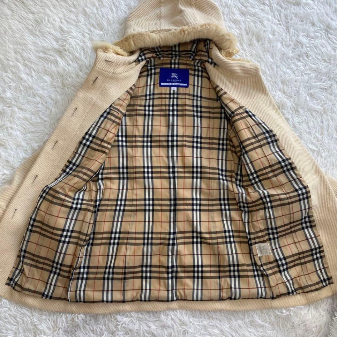 極美品　バーバリーブルーレーベル　ダッフルコート　ノバチェック　ラビットファー