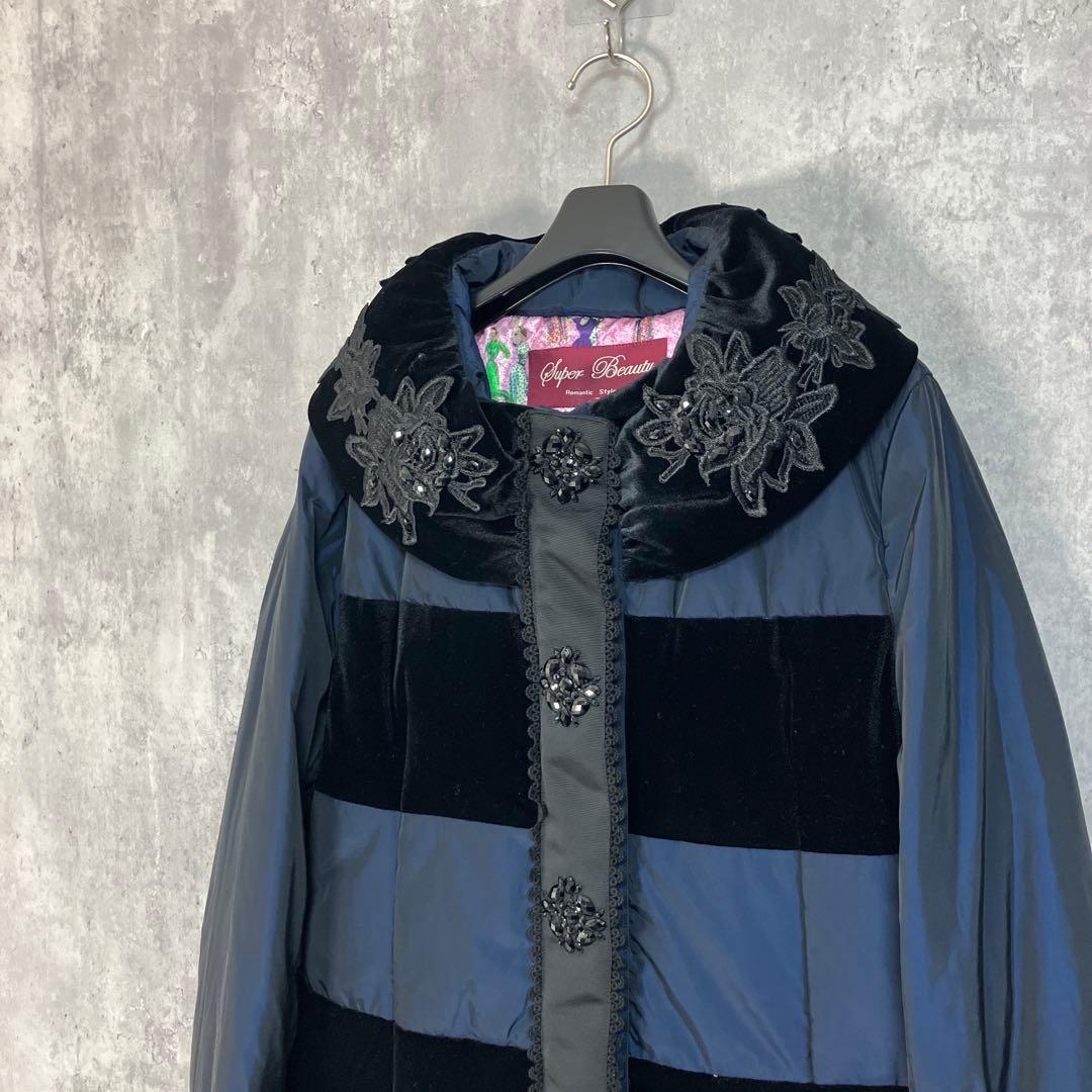 Super Beauty レース使いベロア切替ダウンコート 42