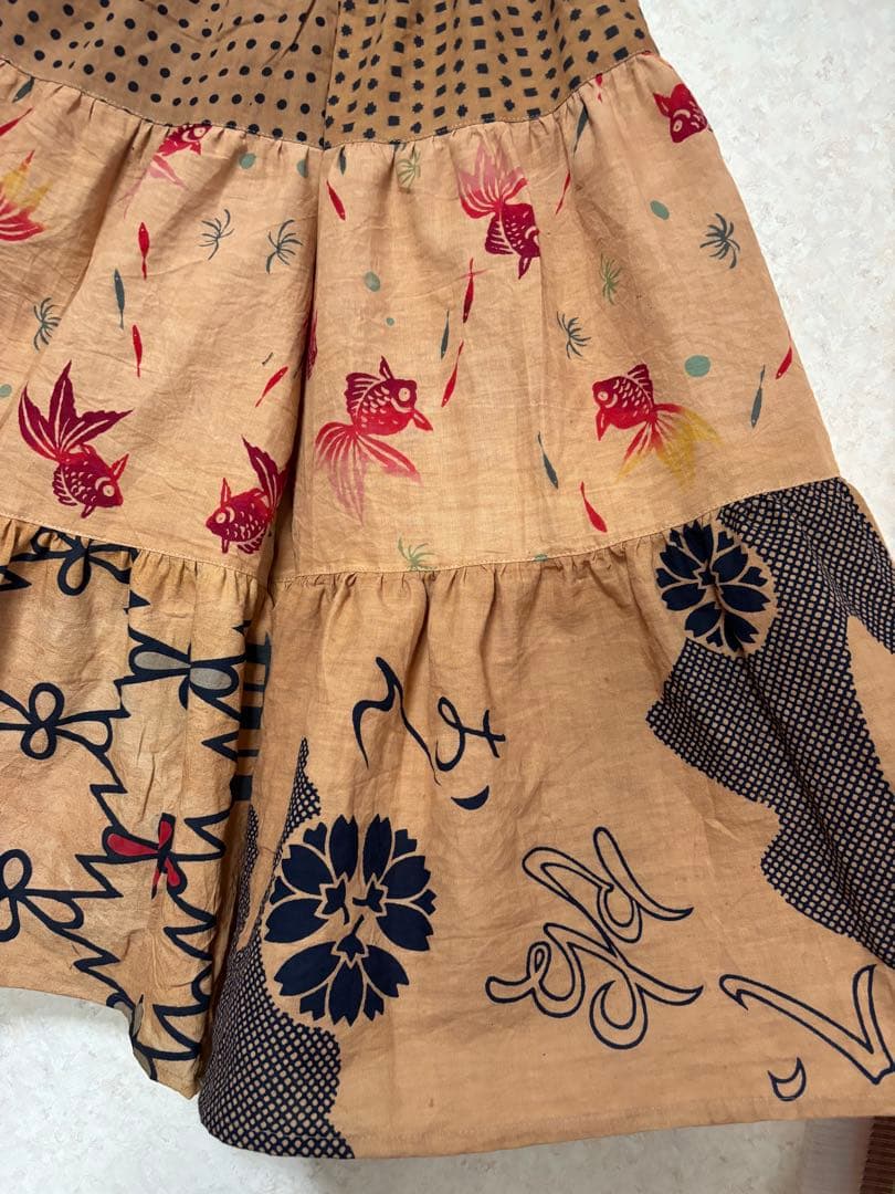 柿渋染め手ぬぐいと浴衣を使った3段ティアードパンツ　金魚　豆絞り