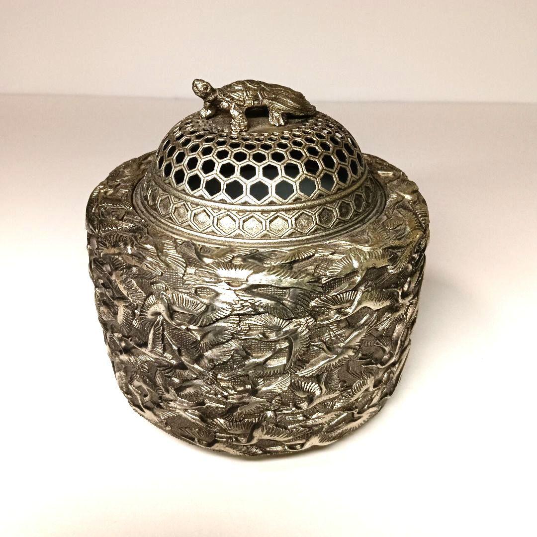 香炉 佐野宏采作　亀紐篭目透し蓋　鶴図亀摘　茶道具