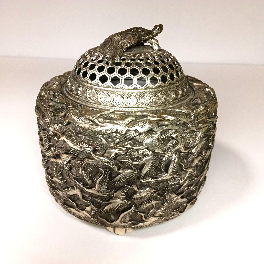 香炉 佐野宏采作　亀紐篭目透し蓋　鶴図亀摘　茶道具