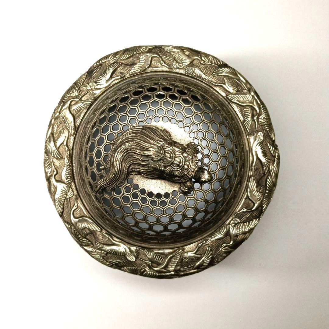 香炉 佐野宏采作　亀紐篭目透し蓋　鶴図亀摘　茶道具