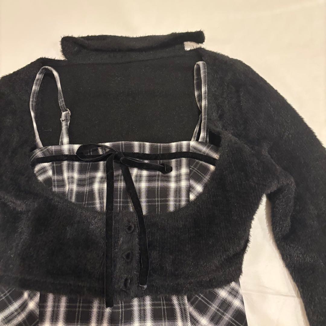みなBunnyLis ファーボレロ×チェックミニワンピ ブラック Sサイズ