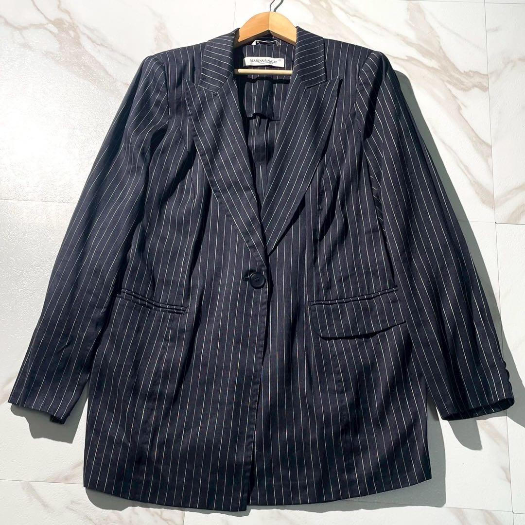 【未使用級】マリナリナルディ リネン スーツ セットアップ 紺 ストライプ 23