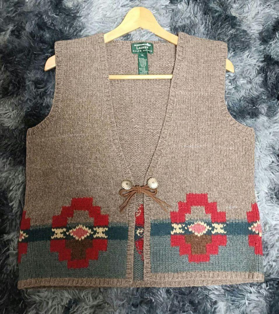 ラルフローレン　90s〜ネイティブ柄ベスト手編み　ウールニット　XL
