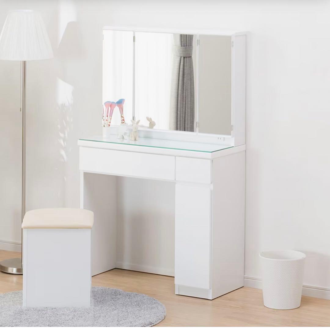 ニトリ　3面鏡ドレッサー　ホワイト　椅子（スツール）付き　※少し訳あり