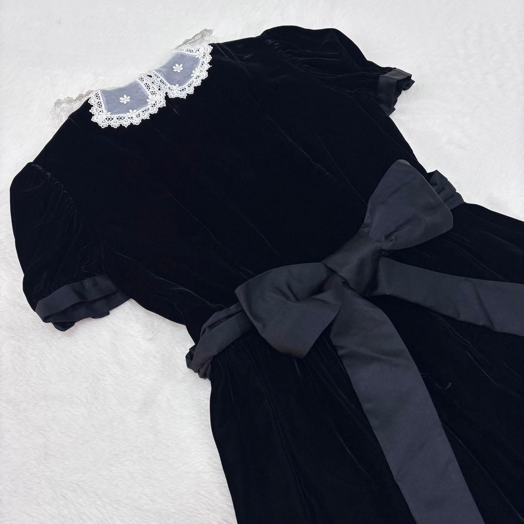 【ファミリア】ワンピース ドレス フォーマル ベロア パール レース パニエ 黒