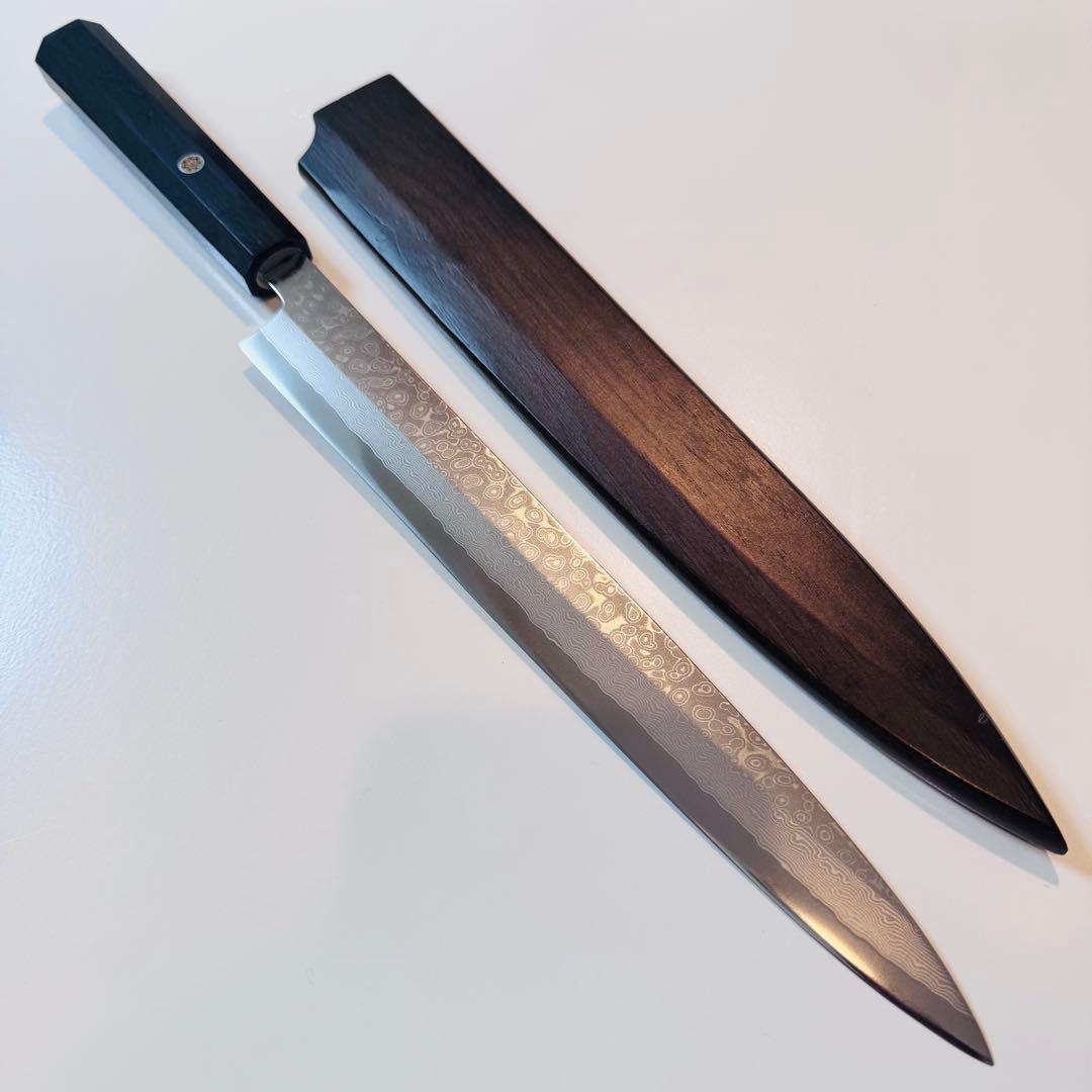 270mm ダマスカス墨流し柳刃包丁 黒檀八角柄 鏡面仕上げ 刺身用