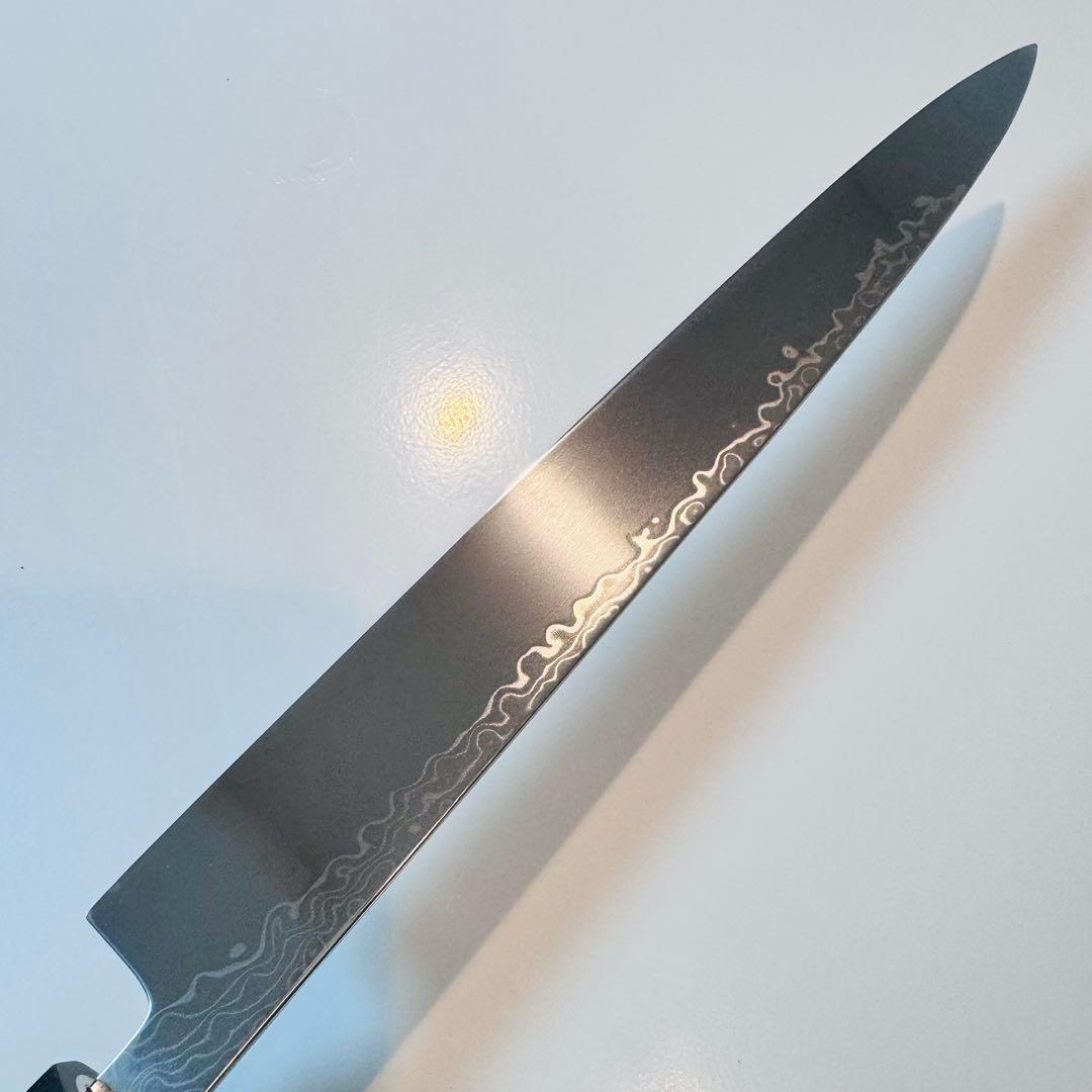 270mm ダマスカス墨流し柳刃包丁 黒檀八角柄 鏡面仕上げ 刺身用