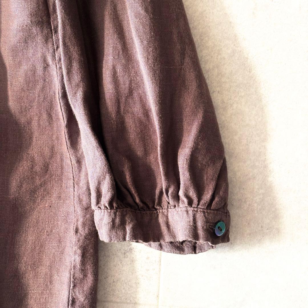 極美品✨️ネストローブ リネン100%ギャザー長袖シャツ F 茶色 貝ボタン