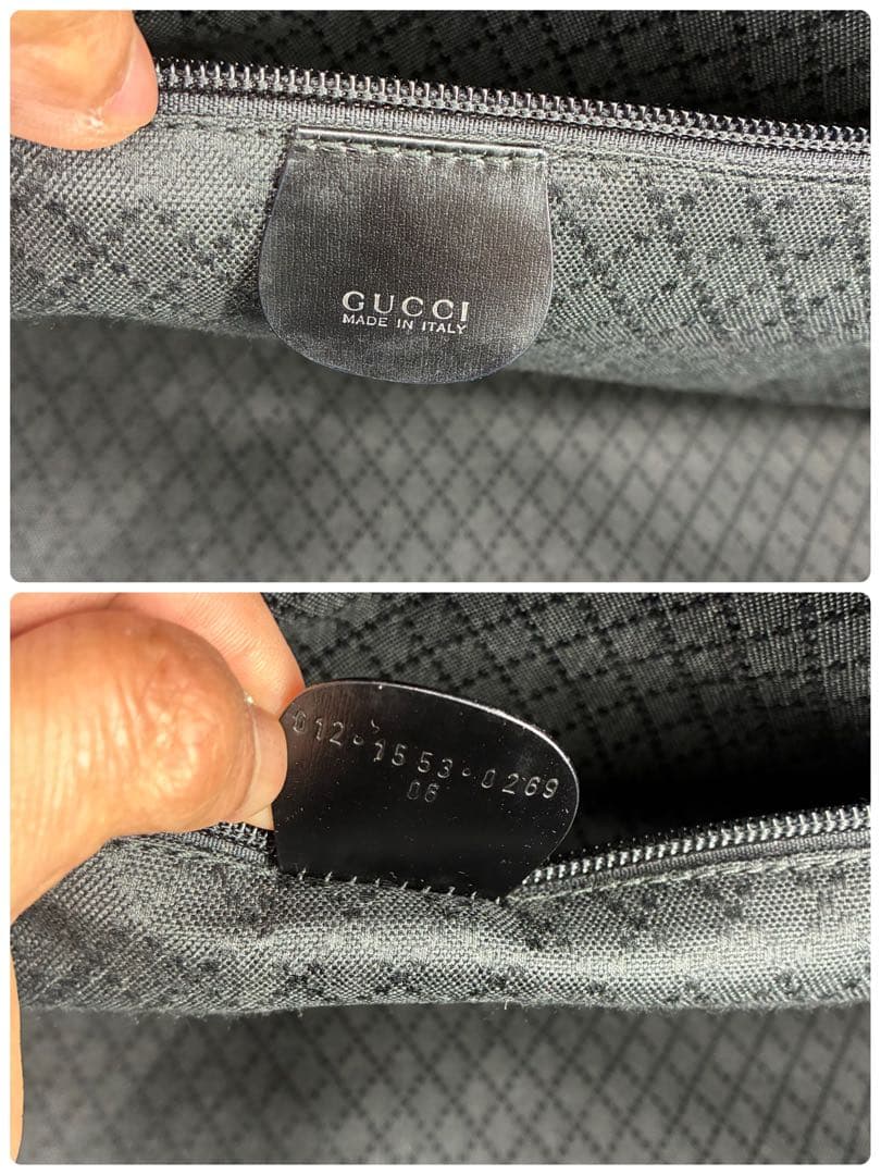 グッチ　ボストンバッグ　キャンバスレザー　大容量　ブラック　ロゴプレート