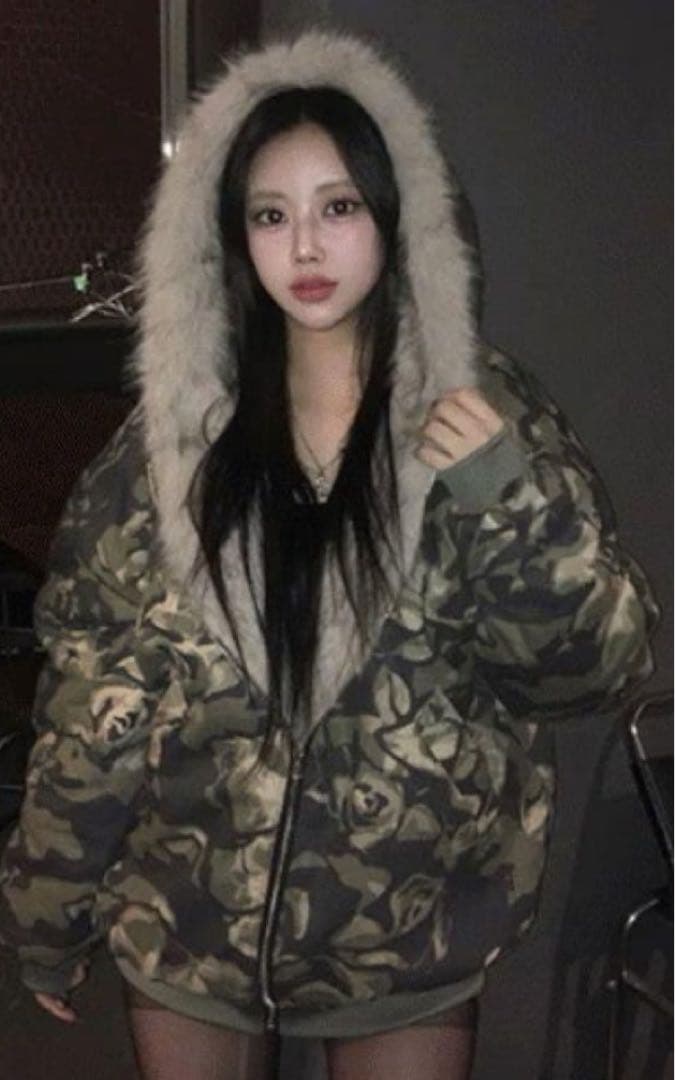 韓国迷彩ファー付きオーバーサイズジャケット