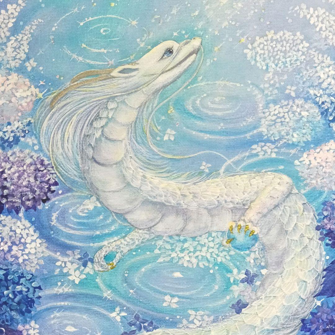 No.509 F3キャンバス 原画 龍神絵画 白龍 紫陽花 開運絵画　立体アート