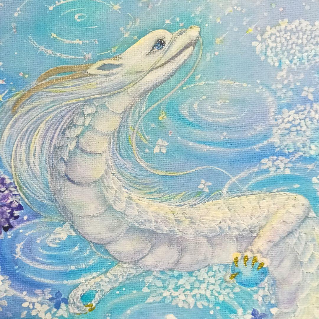No.509 F3キャンバス 原画 龍神絵画 白龍 紫陽花 開運絵画　立体アート