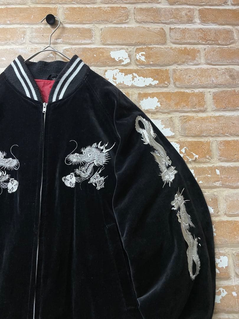 90s スカジャン　ベロア　龍　y2k 日本製　刺繍　黒　キルティング