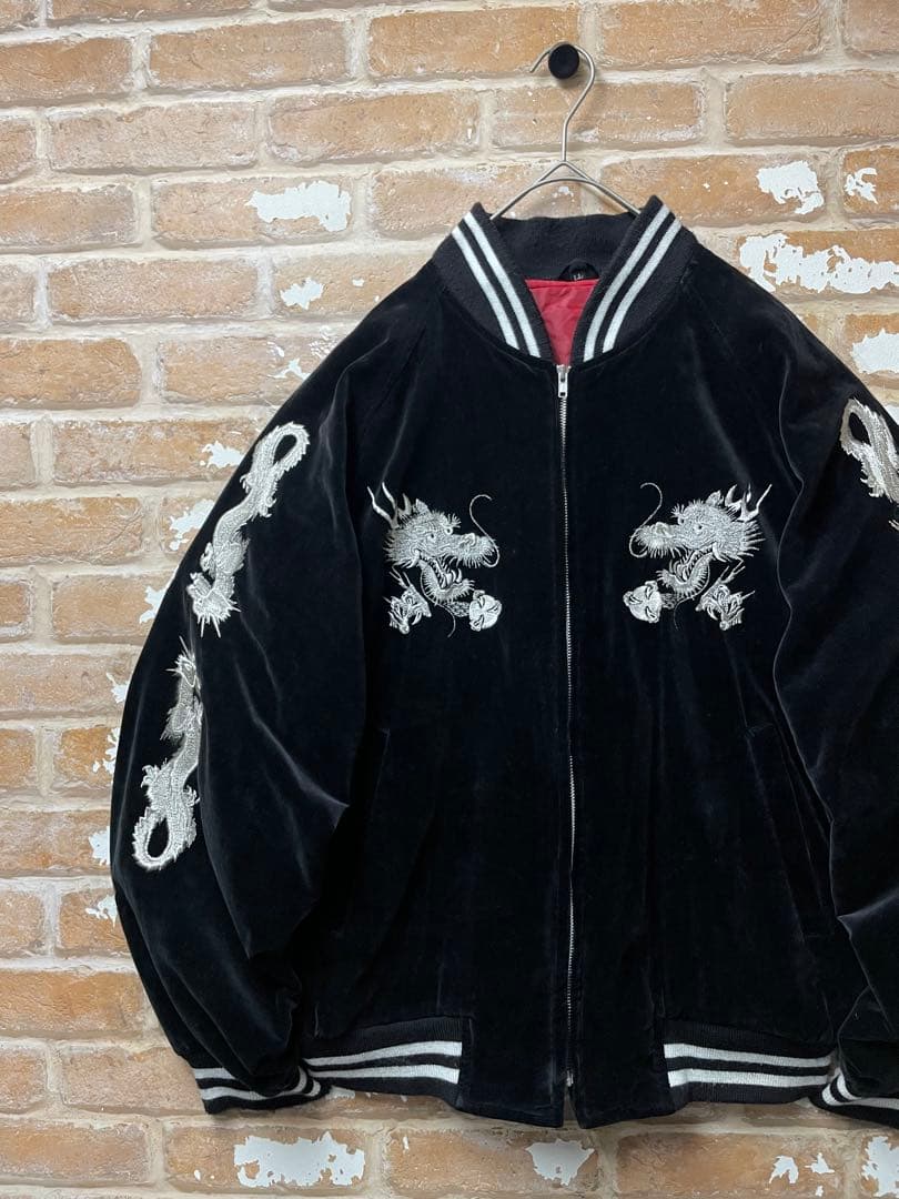 90s スカジャン　ベロア　龍　y2k 日本製　刺繍　黒　キルティング