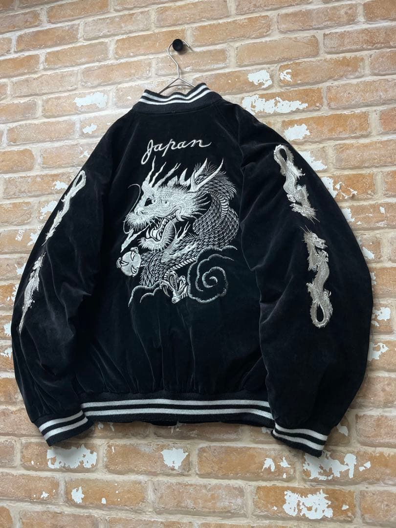90s スカジャン　ベロア　龍　y2k 日本製　刺繍　黒　キルティング