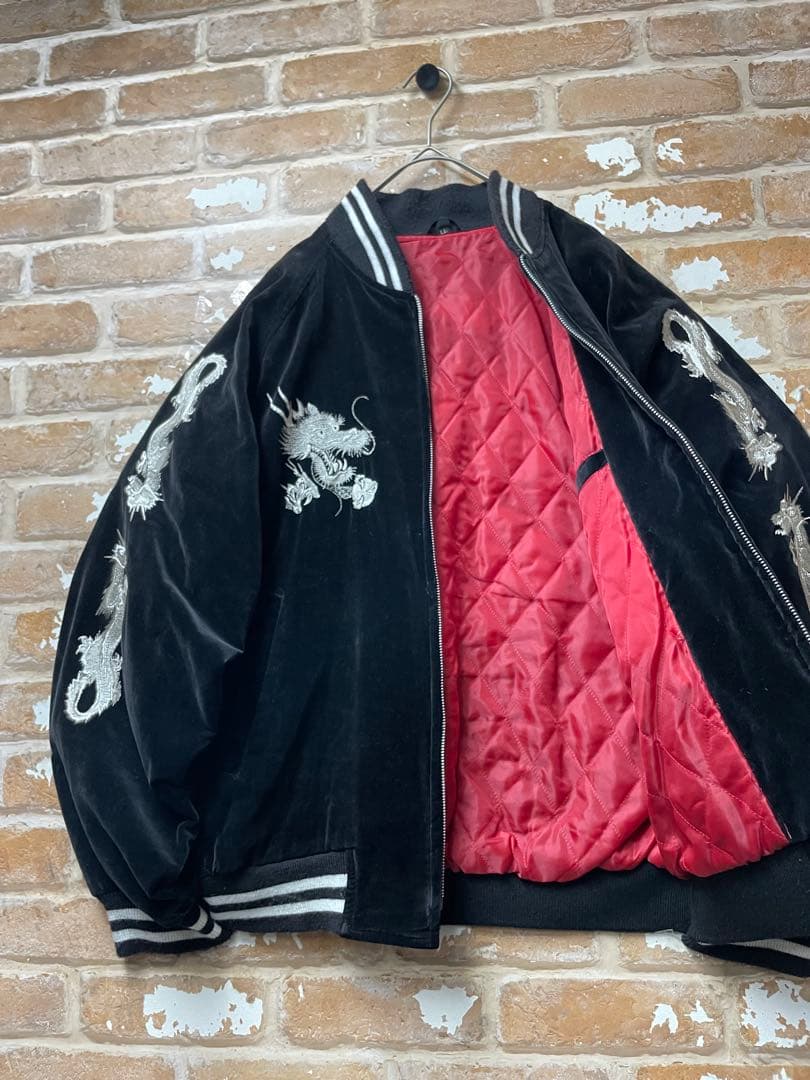90s スカジャン　ベロア　龍　y2k 日本製　刺繍　黒　キルティング