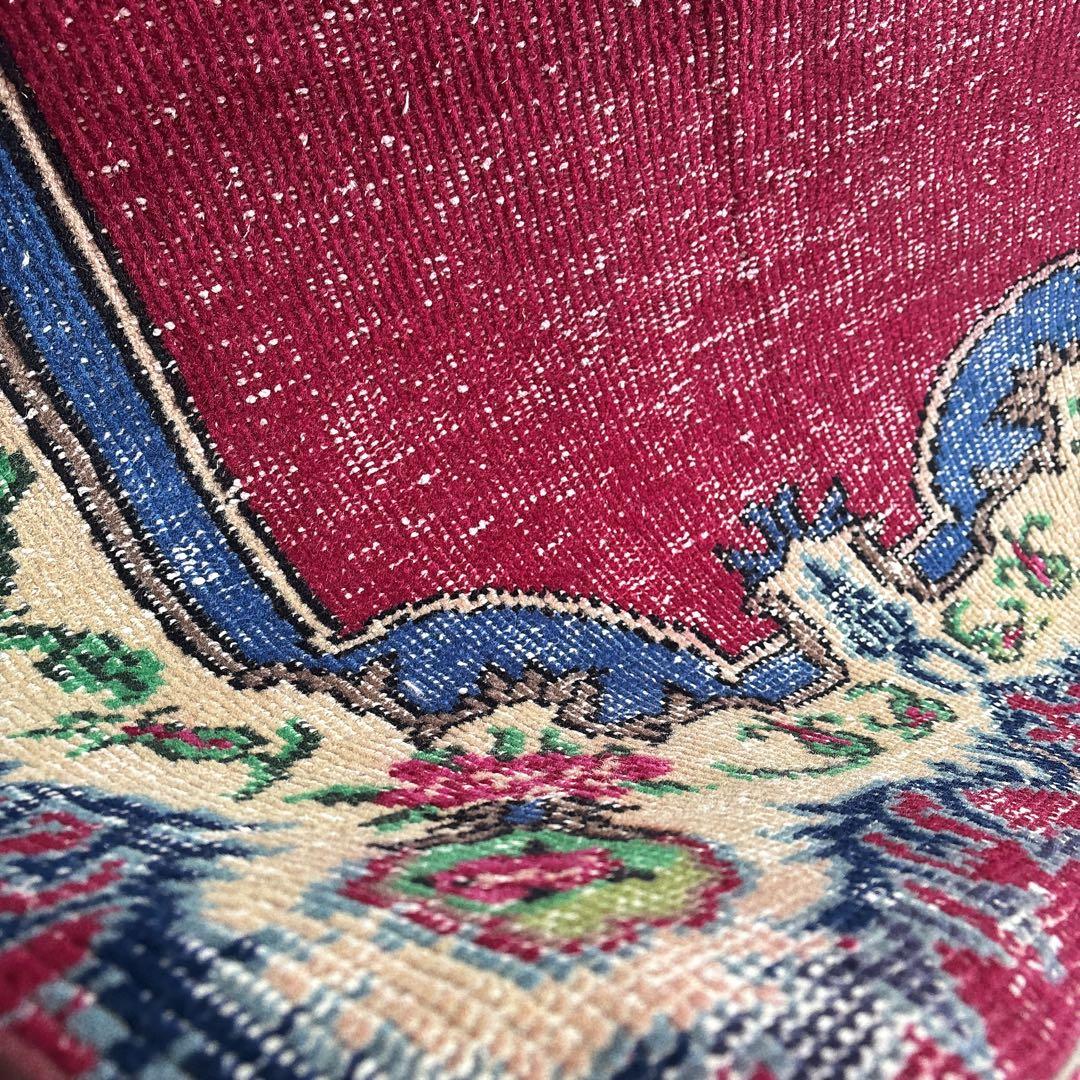 トルコ　ヴィンテージラグ　フローラル　ワインレッド　ブルー
