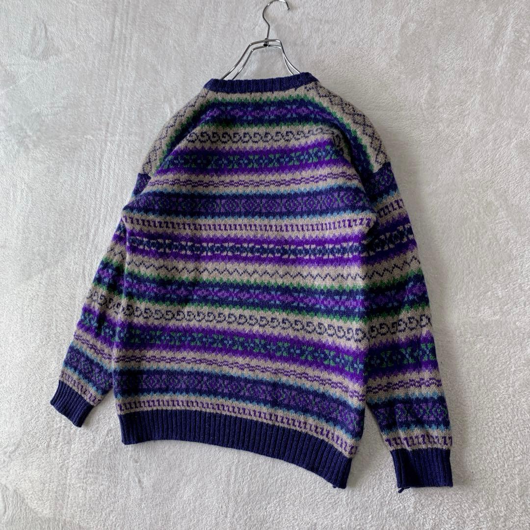 人気 スコットランド製 インバーアラン クルーネック ハンドニット 総柄 茶タグ