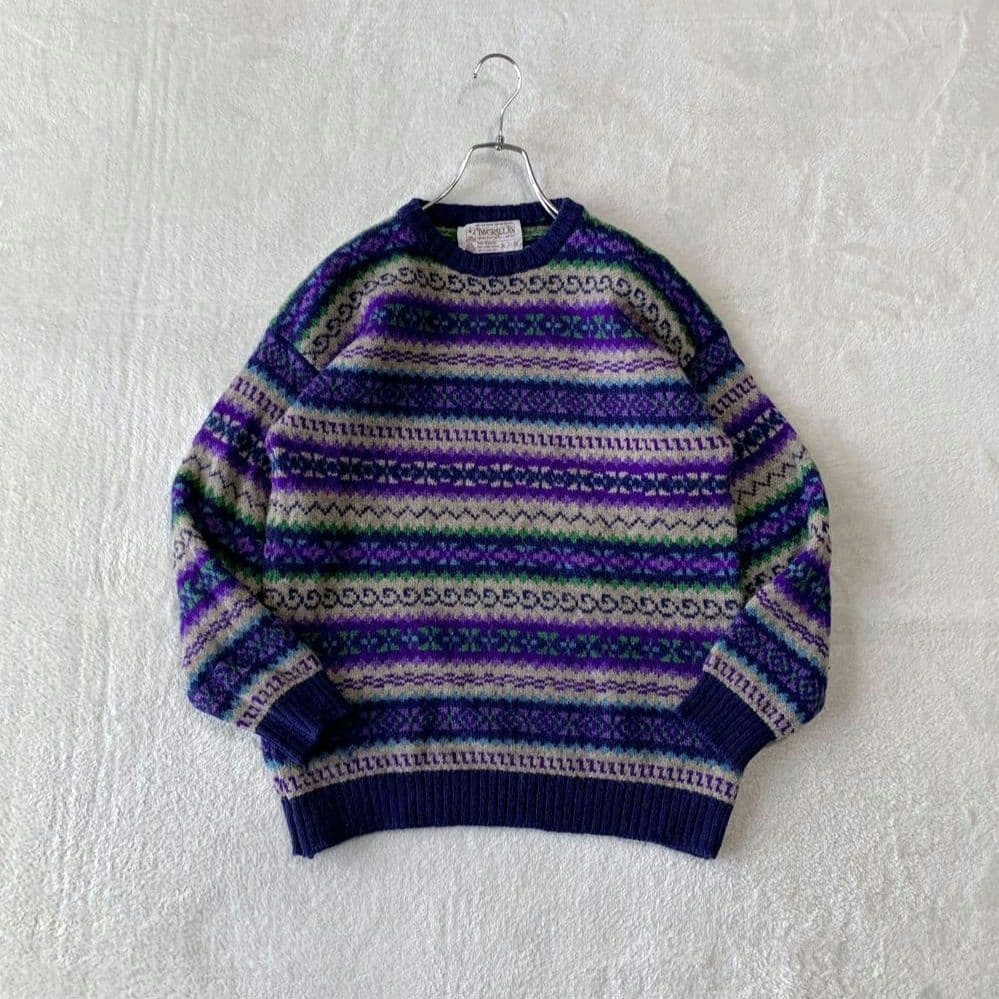 人気 スコットランド製 インバーアラン クルーネック ハンドニット 総柄 茶タグ