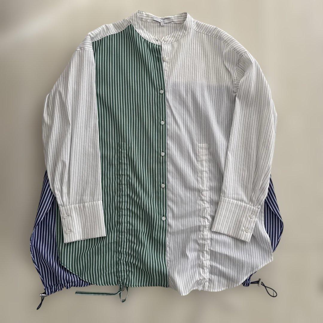 UN3D.　ヘムギャザーシャツ　アンスリード　ストライプ　ブラウス