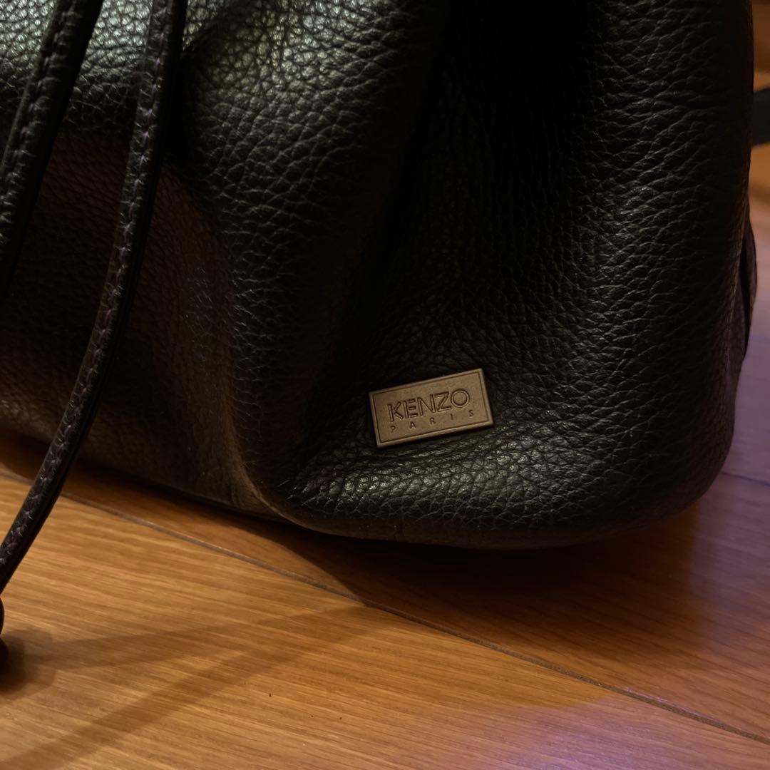 KENZO 黒 レザー ショルダーバッグ 巾着 紫ステッチ