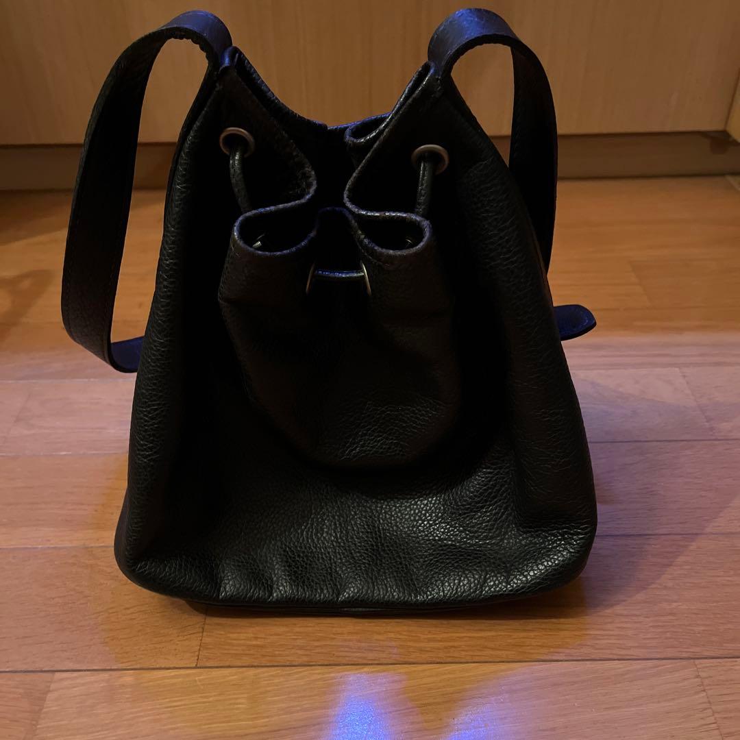 KENZO 黒 レザー ショルダーバッグ 巾着 紫ステッチ