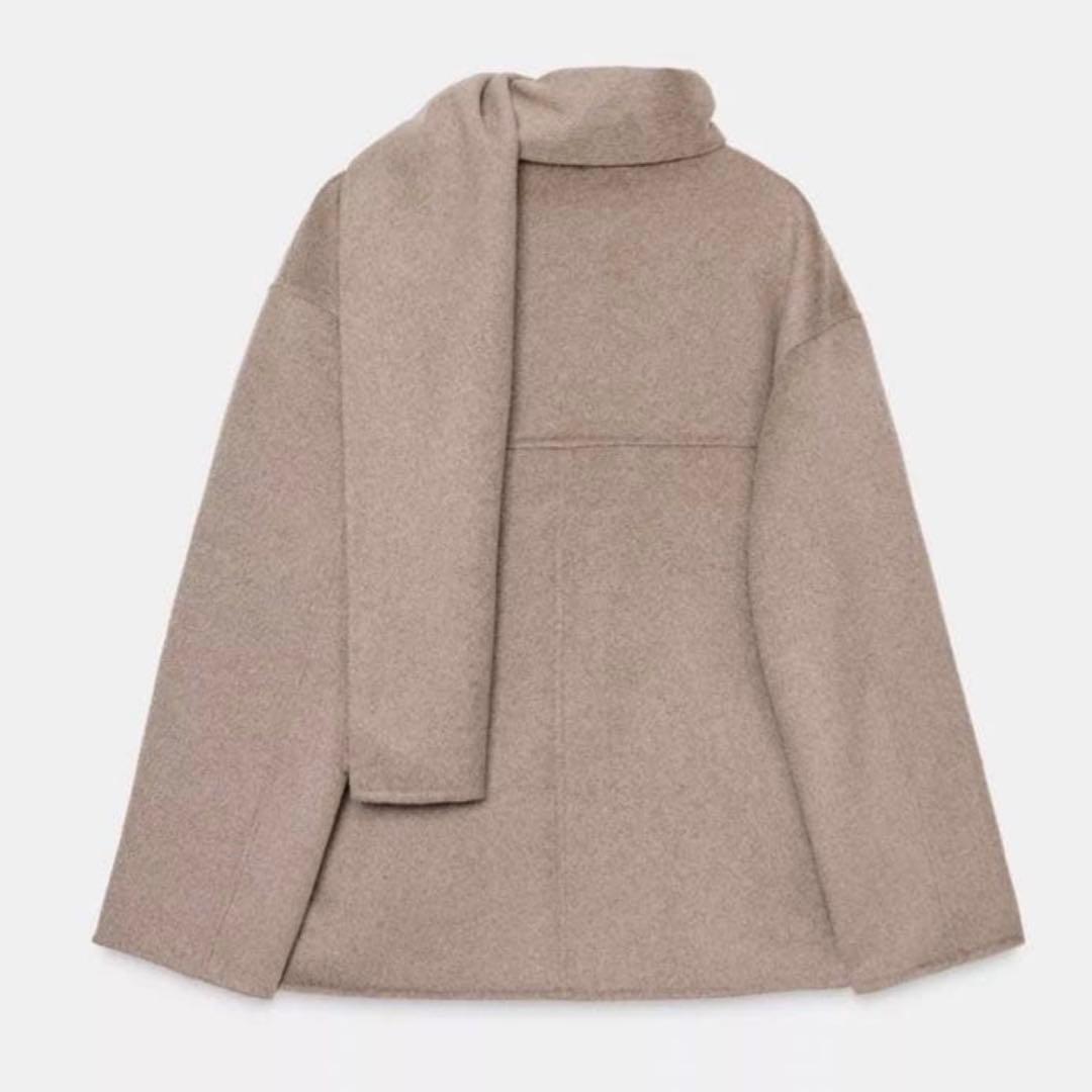 ザラZARA　ウールショートスカーフコート（色：ミンク）Sサイズ　2025AW