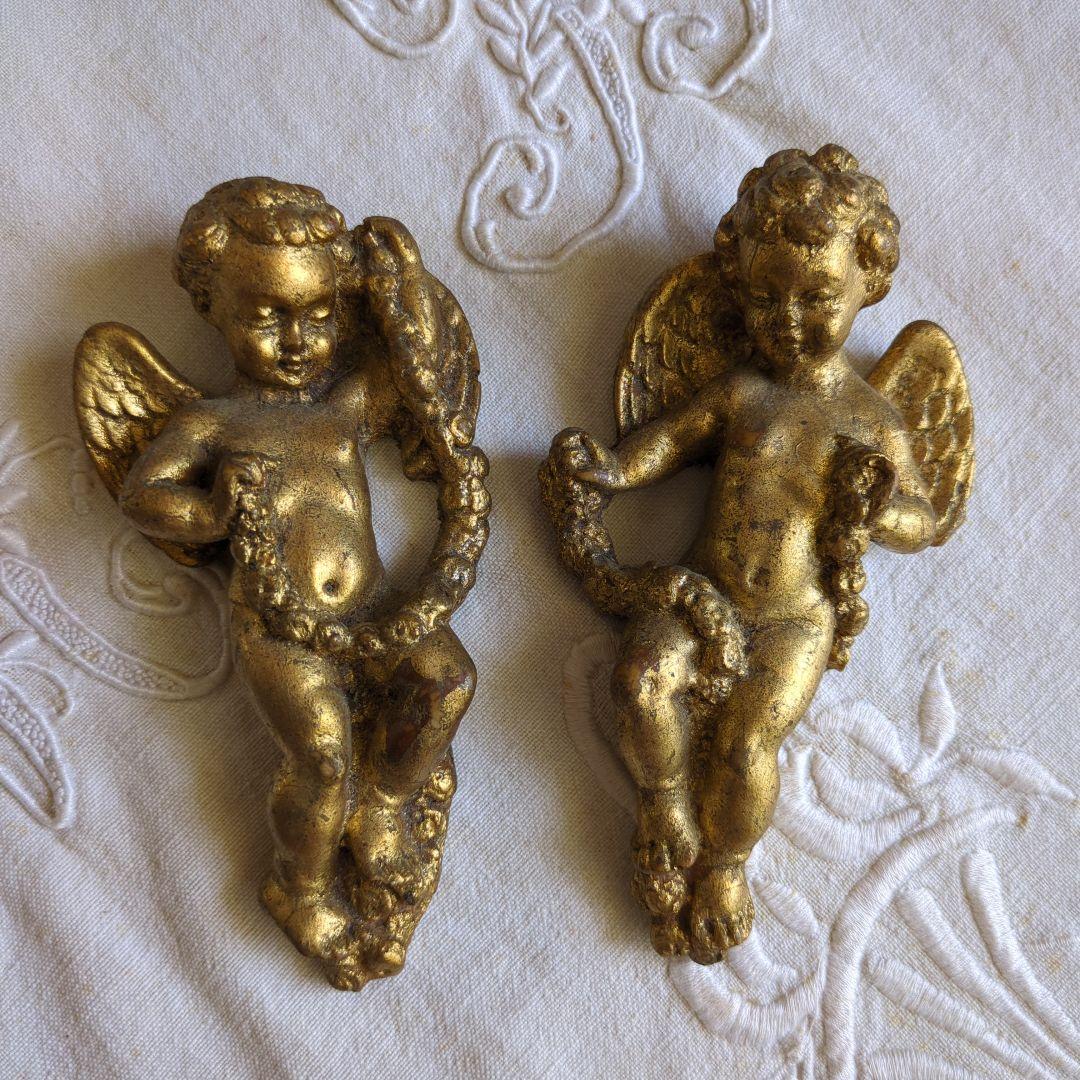 フランスアンティーク 壁飾り 天使 ペア 石膏