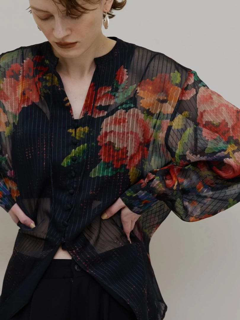 トップス JACQUARD FLOWER PATTERN SHEER BLOUSE